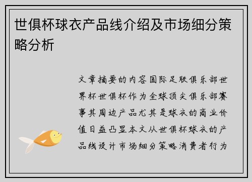 世俱杯球衣产品线介绍及市场细分策略分析